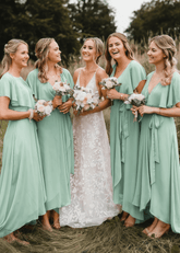 Xanthe | Chic A Line Peach Chiffon Maxi Bridesmaid Dress with V - Neck and Short Sleeve - Price #price_variant_lowest# - Sage - PromDressClub